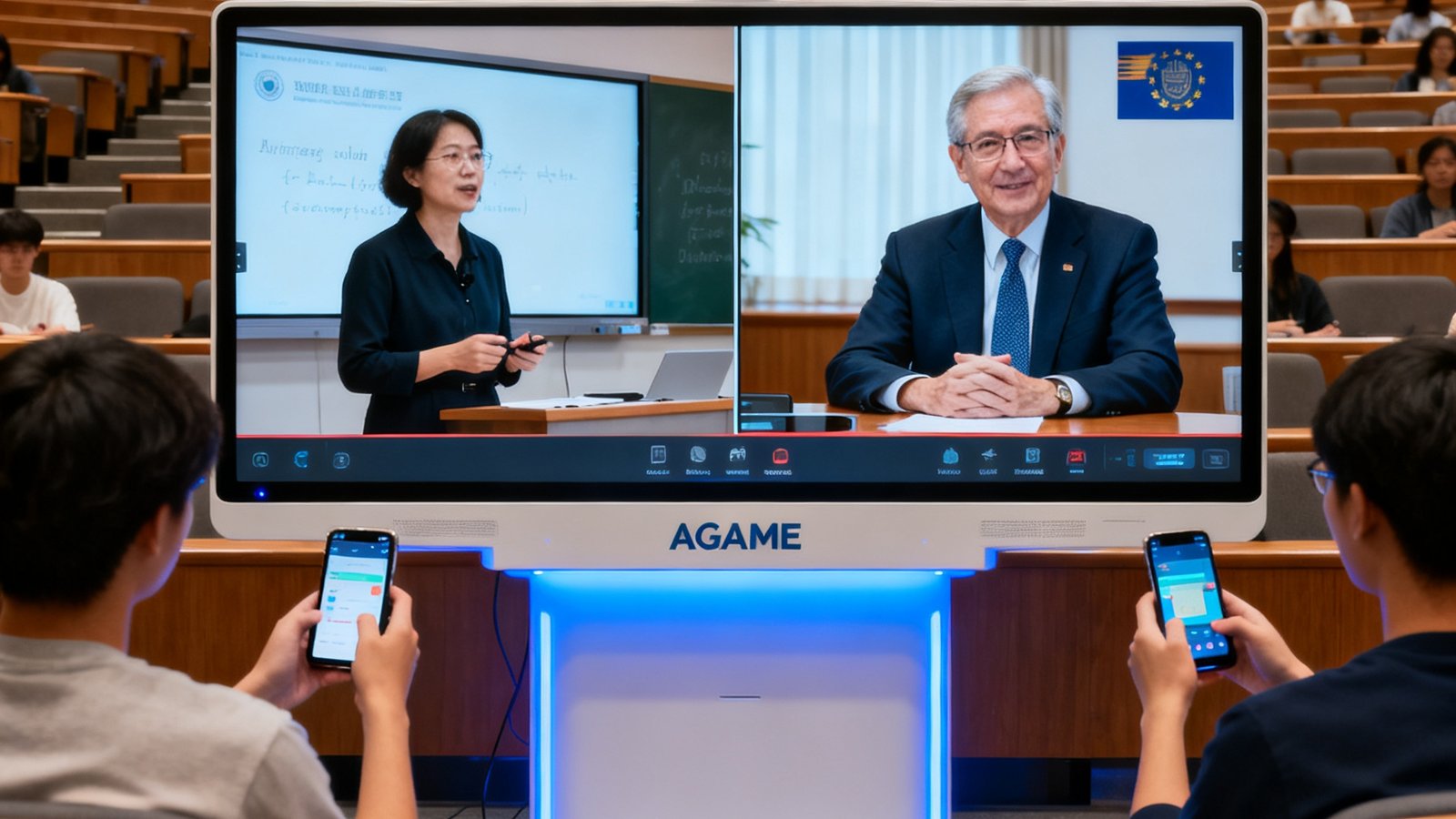 大学阶梯教室内，讲台前方的AGGAME智能交互终端亮起，屏幕一半显示本地教师授课画面，另一半显示海外合作大学教授的实时视频，学生通过手机参与互动。